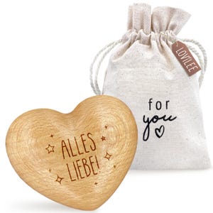 LOViLEE® Handschmeichler, Alles Liebe – Holz-Herz inkl. extra Geschenkbeutel und Grußkartenset – Glücksbringer, Geschenk und Mutmacher