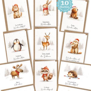 Weihnachtskarten 10er Set inkl. Umschläge & Sticker - hochwertige Klappkarten zu Weihnachten - Grußkarten, niedliche Tiere, Geschenkkarten