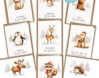 Weihnachtskarten 10er Set inkl. Umschläge & Sticker - hochwertige Klappkarten zu Weihnachten - Grußkarten, niedliche Tiere, Geschenkkarten
