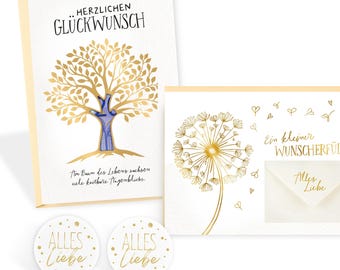 Money gift wish fulfiller "Dandelion and Tree of Life" greeting cards with gold foil, envelope, stickers for confirmation, communion, money