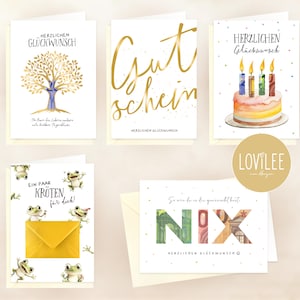 LOViLEE® 8x Tarjetas de Regalo y Vales con Dinero para Cumplir Deseos con Lámina Dorada en un Set con Pegatinas para Sobres y Libro Electrónico - Tarjetas de Cumpleaños