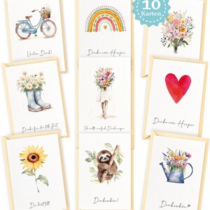 Cartões de agradecimento em aquarela com envelopes e adesivos em um conjunto de presente com 10 unidades – Agradecimento de coração – Pintura em aquarela