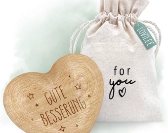 LOViLEE® hand flatterers, get well soon - wooden heart incl. extra gift bag and greeting card set - lucky charm, gift and encouragement