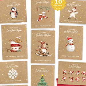 Könnte beinhalten: Ein Set von zehn Weihnachtskarten mit verschiedenen festlichen Illustrationen. Jede Karte zeigt ein anderes Design, darunter ein Pinguin, ein Schneemann, ein Rentier und der Weihnachtsmann. Die Karten sind auf einem Kraftpapierhintergrund mit deutschem Text gedruckt.