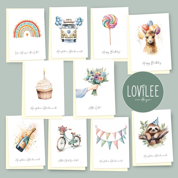 LOViLEE® Glückwunschkarten inkl. extra Umschläge & Sticker zu jedem Anlass im 10er Geschenkset – hochwertige Geburtstagskarten, Grußkarten