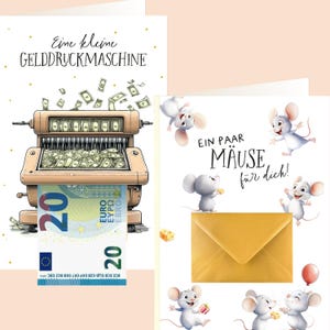 LOViLEE® Geldcadeau Vouwkaarten "Muizen en Gelddrukmachine" met Gouden Foliedruk Incl. Envelop, sticker, e-boek verjaardagskaarten voucher