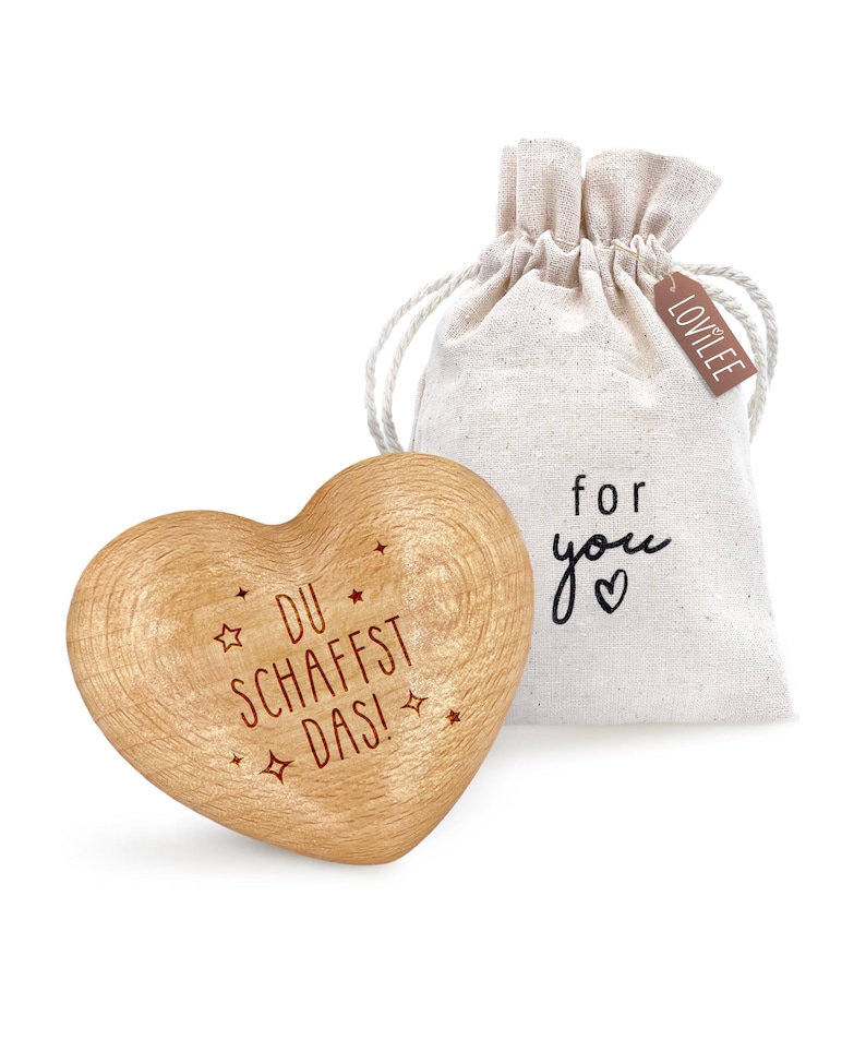 Wooden heart for your hands, "You can do it!" – includes extra gift bag and greeting card set – lucky charm, gift and encouragement LOViLEE® image 1