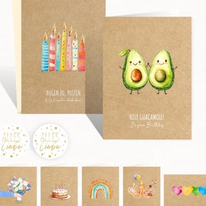 Birthday card set with envelopes & stickers - 10x birthday greeting cards, natural paper greeting cards - folding cards, congratulation cards