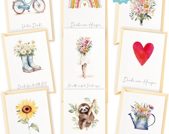 Dankeskarten in Aquarell inkl. extra Umschläge & Sticker zu jedem Anlass im 10er Geschenkset – hochwertige Grußkarten, Dankeschön Karte