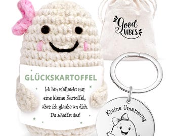 Lucky charm potato Gitti in a gift set: Lucky potato + gift bag & keychain + sticker. Crochet figure, hand-crocheted.