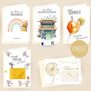 LOViLEE® 8x Tarjetas de Regalo y Vales con Dinero para Cumplir Deseos con Lámina Dorada en un Set con Pegatinas para Sobres y Libro Electrónico - Tarjetas de Cumpleaños