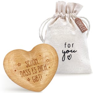 LOViLEE® Handschmeichler, Schön dass es dich gibt – Holz-Herz inkl. extra Geschenkbeutel & Grußkartenset – Glücksbringer,Geschenk,Mutmacher