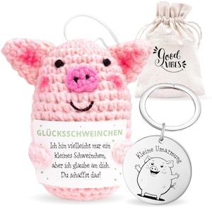 Cerdito de la suerte "Lotti" en set de regalo: patata de la suerte con bolsa de regalo, llavero y pegatina, figura de ganchillo hecha a mano.