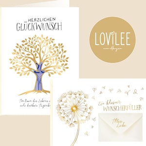 LOViLEE Wunscherfüller "Pusteblume und Lebensbaum" Geldgeschenk Klappkarten mit Goldfolierung ink. Umschlag Sticker, eBook Geburtstagskarten