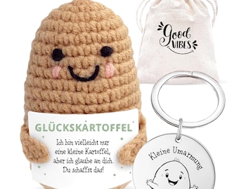 Lucky charm potato gift set: Lucky potato + gift bag & keychain + sticker - crocheted figure, hand-crocheted