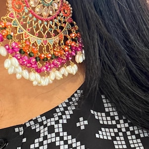 Nauratan Bridal Earrings, Multi Colored Pearl Earrings, Rani Haar Earrings. Mehndi Mayun Jewelry, Pakistani Jewelry, Indian Jewelry.