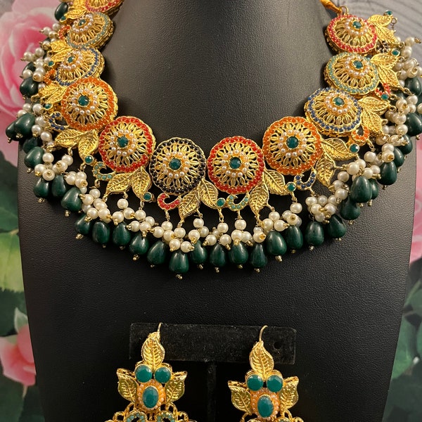 Nauratan Bridal Necklace with Long Earrings and Jhumka. Navratan Jewelry. Pakistani Jewelry, Indian Jewelry, Hyderabadi Jewelry.