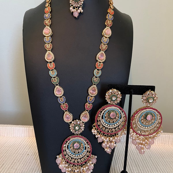 Nauratan Necklace Set with Long Earrings and Tika. Rani Haar Mala. Turkish Jewelry, Egyptian Jewelry, Pakistani Jewelry, Hyderabadi Jewelry.