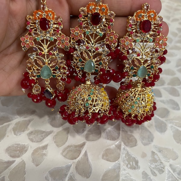 Nauratan Jhumkis with Tikka, Blue jhumki with tikka. Maroon jhumki with tikka. Green jhumki. Indian Pakistani Bridal, Hyderabadi Bridal.