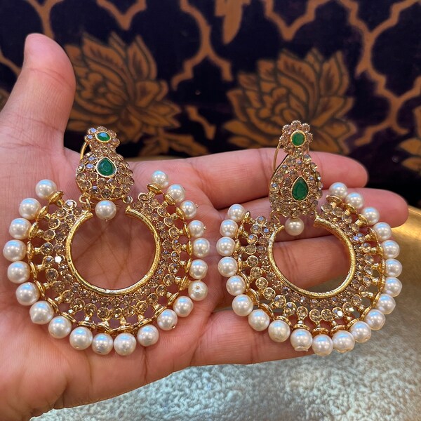 Pearl Hoop Earrings, Navratan Earrings, Chaand Bali, Multi Colored Pearl Earrings, Rani Haar Earrings. Pakistani Jewelry, Indian Jewelry.