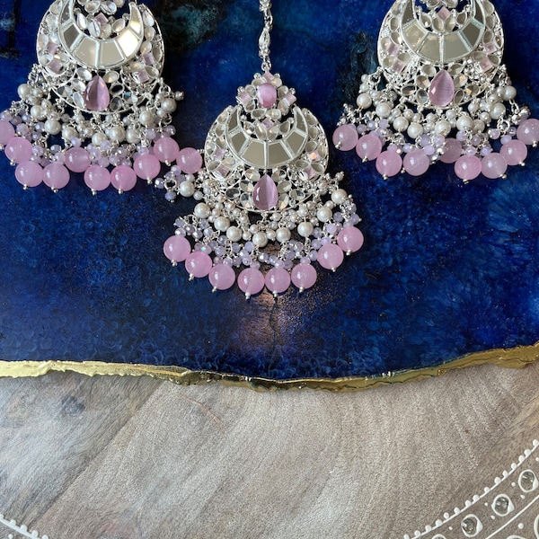 Pakistani Bridal Earrings & Tikka, Indian Bridal Earrings with Tikka. Sheesha Kundan Mirror Bridal Set. Hyderabadi Bridal, Nauratan Bridal.