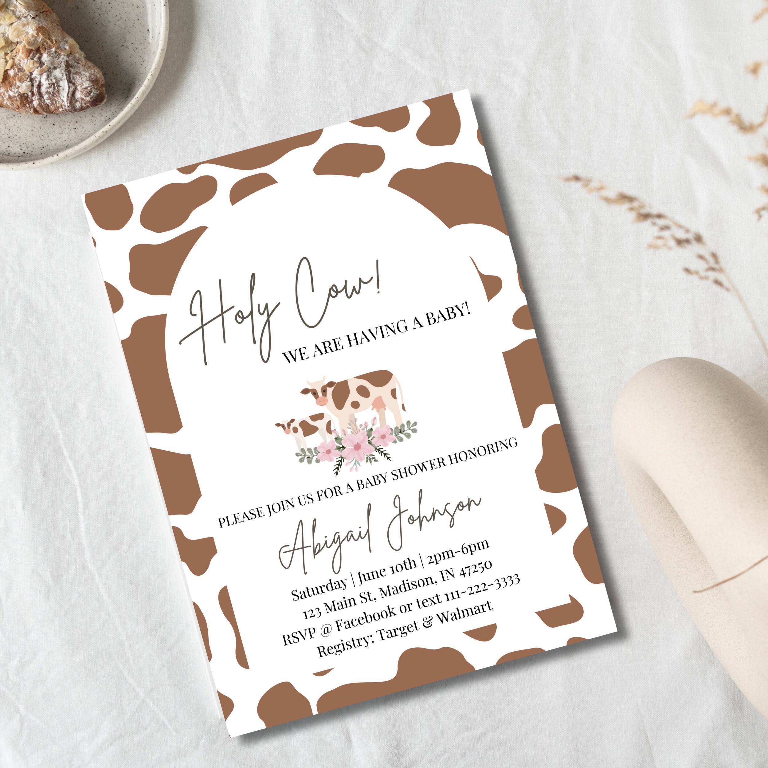 Holy Cow Baby Shower Invitation 5X7 Digital Download Cow Print Invitation