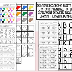 May include: Printable worksheets for teaching colors, 2D shapes, 3D shapes, lowercase letters, and uppercase letters. The worksheets feature black and white outlines of the shapes and letters.