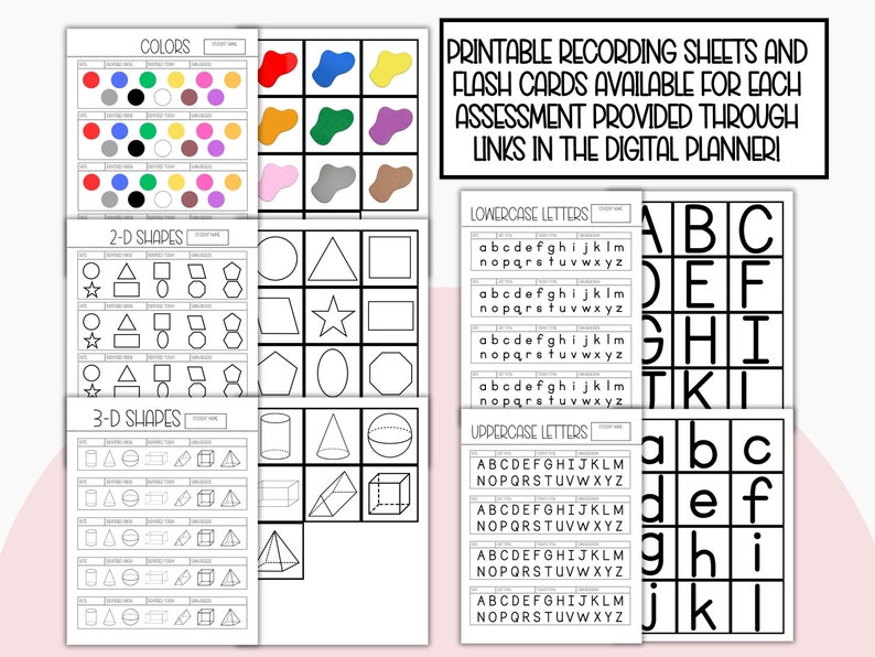 May include: Printable worksheets for teaching colors, 2D shapes, 3D shapes, lowercase letters, and uppercase letters. The worksheets feature black and white outlines of the shapes and letters.