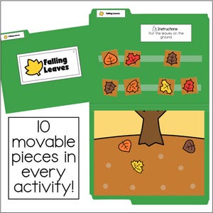May include: A green file folder activity titled Falling Leaves with a tree illustration, brown ground, and colorful leaf cutouts. The text reads Falling Leaves, Instructions: Put the leaves on the ground, and 10 movable pieces in every activity!
