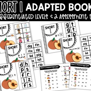 May include: Five differentiated short 'i' adapted books with assessment tools. Each book features a peach illustration and includes a variety of activities to help students learn the short 'i' sound. The assessment tools include picture matching and word matching activities.