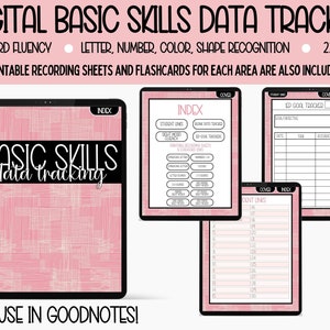 Puede incluir: Un rastreador de datos digital para habilidades básicas, que incluye la fluidez de la lectura de palabras, el reconocimiento de letras, números, colores y formas. El rastreador está diseñado para usarse con GoodNotes e incluye 223 páginas de hojas de registro imprimibles y tarjetas didácticas.