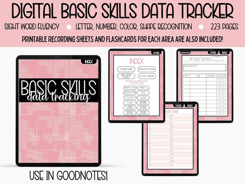May include: A digital data tracker for basic skills, including sight word fluency, letter, number, color, and shape recognition. The tracker is designed for use with GoodNotes and includes 223 pages of printable recording sheets and flashcards.