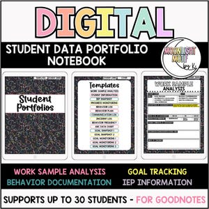 May include: Digital student data portfolio notebook for Goodnotes. The cover features a black background with colourful abstract shapes. The notebook includes templates for work sample analysis, student information, progress monitoring, behaviour logs, behaviour plans, communication logs, incident logs, behaviour frequency, ABC data charts, goal snapshots, and goal monitoring. The notebook also includes a work sample analysis page and a goal tracking page.