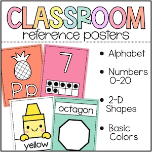 May include: Classroom reference posters with colorful illustrations. Includes an alphabet card with a pineapple, a number 7 card, a yellow crayon, and an octagon shape. The posters also cover numbers 0-20 and basic colors.