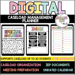May include: Digital caseload management planner for special education teachers. The planner includes sections for student folders, meeting prep, behavior documents, goal/data trackers, general information, and caseload information. It supports up to 20 students and is compatible with Goodnotes.