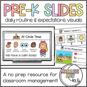 May include: Educational visual aids for pre-K classrooms. The image features colorful slides with text like "PRE-K SLIDES" and "At Circle Time." It includes illustrations and phrases for daily routines and expectations, promoting classroom management.