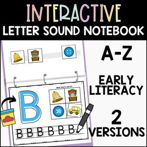 Pode incluir: Caderno interativo de sons de letras para alfabetização precoce. O caderno apresenta uma letra B azul, um sino, uma cama, um botão e um ônibus escolar. O caderno está disponível em duas versões.