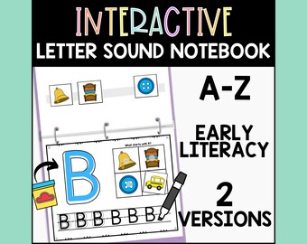 May include: Interactive letter sound notebook for early literacy. The notebook features a blue letter B, a bell, a bed, a button, and a school bus. The notebook has two versions.