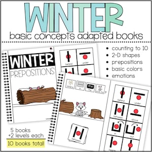 May include: Educational winter-themed adapted books. The books cover basic concepts like prepositions, colors, and emotions. The image shows several open books with illustrations and text, including the words "Winter Prepositions". The books are spiral-bound.