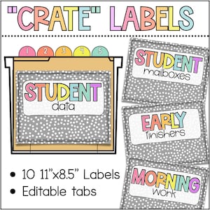 Op de afbeelding: Kleurrijke "CRATE" labels voor klasorganisatie. Inclusief labels voor studentenmailboxen, vroege finishers en ochtendwerk. De labels zijn 28 cm x 21,6 cm en hebben bewerkbare tabbladen.