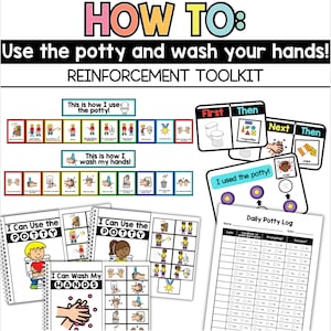 May include: A colorful printable toolkit for teaching children how to use the potty and wash their hands. The toolkit includes visual aids, charts, and checklists to help children learn these important skills.