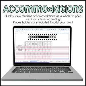 May include: A laptop displaying a spreadsheet titled "Accommodations." The screen shows a grid with student names and various accommodation options. The text "Accommodations" is at the top, with additional text above and below the spreadsheet.