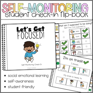 Könnte beinhalten: Ein spiralgebundenes "Self-Monitoring Student Check-in Flip-Book" mit dem Titel "Let's Get FOCUSED!". Das Cover zeigt ein Cartoon-Kind, das eine Glühbirne hält. Zusätzliche Seiten enthalten Checklisten und Aufforderungen zur Selbstwahrnehmung.