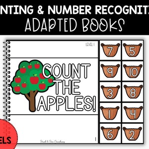 Op de afbeelding: Een zwart-wit printbaar boek met de titel "Counting & Number Recognition Adapted Books". Het boek heeft een spiraalbinding en bevat een pagina met een rode appelboom en de tekst "Count the Apples!" Er zijn ook manden met de nummers 1 tot en met 10.