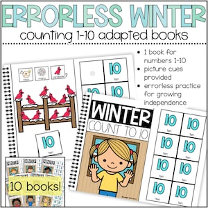 May include: Educational winter-themed adapted books for counting from 1 to 10. The image shows several spiral-bound books with illustrations of cardinals, snow, and the number 10. Text includes "ERRORLESS WINTER" and "COUNT TO 10".
