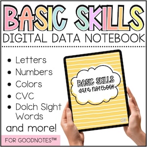 May include: A digital data notebook for GoodNotes, featuring a yellow and white striped cover with a speech bubble that says "BASIC SKILLS data notebook". The notebook includes sections for letters, numbers, colors, CVC, Dolch sight words, and more.