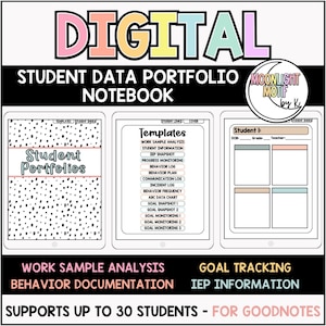 May include: Digital student data portfolio notebook for the Goodnotes app. The cover features a black and white polka dot pattern with the text "Student Portfolios". The notebook includes templates for work sample analysis, behaviour documentation, goal tracking, and IEP information. Supports up to 30 students.
