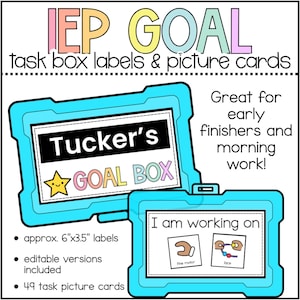 以下が含まれることがあります： 「IEP GOAL」と「task box labels & picture cards」のテキストが入ったグラフィック。 「Tucker's GOAL BOX」と「I am working on」と書かれたラベルが付いた2つの水色のタスクボックスが特徴です。 ラベルのサイズは約15.2cm x 8.9cmです。