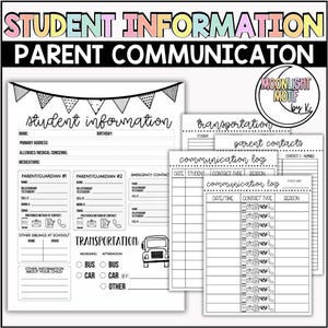 Student Information, Parent Contact Log, Communication Log, Transportation Log, Back to School Teacher Supplies, Student Medical Information