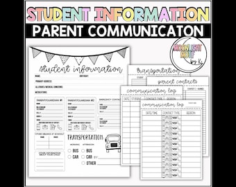 Student Information, Parent Contact Log, Communication Log, Transportation Log, Back to School Teacher Supplies, Student Medical Information
